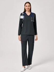 TaskEZ 1 套女式 V 领双口袋长袖上衣和裤子，护士制服套装 - 灰色 - 查看 5