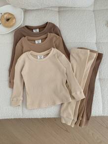 SHEIN 6pcs Baby Boy Snug Fit Ribbed Knit Comfy Long Sleeve Top And Pants Set, Casual Loungewear/Pajamas In Multiple Colors