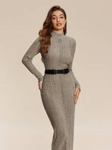 Chiquease Elegant Fashion Knitted Long Sleeve Cardigan Dress Fall Cloth For Women - Khaki - View 5