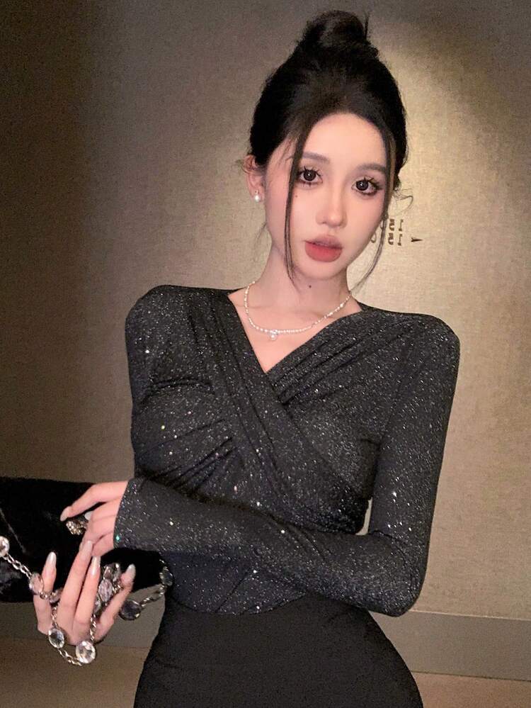 Women's Ruched Cross V-Neck T-Shirt, Autumn/Winter ,New Year Eve Prom Long Sleeve Women Tops Luxury Sequin Glitter Top Carnival Going Out Tops Women