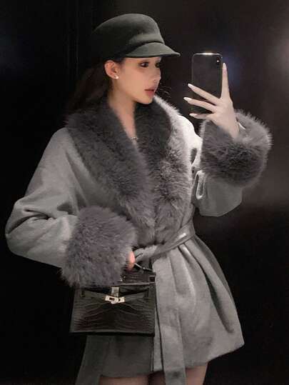 DAZY Women Teddy Bear Patchwork Long Sleeve Tie-Up Minimalist Jacket, Casual For Everyday Wear Fall,Winter Women Coats