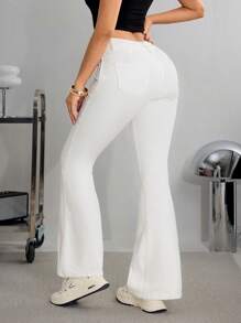 SHEIN Essnce Celana Jeans Wanita Kasual Model Flare dengan Motif Garis Tusuk Gigi, Serbaguna - Putih - View 2
