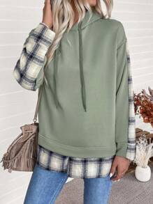 SHEIN LUNE Áo nỉ rộng rãi có mũ trùm đầu 2 trong 1, áo nỉ dệt kim xẻ vạt phối họa tiết kẻ caro tương phản, chất liệu ấm áp và thoải mái, phối nhiều chất liệu, phong cách thường ngày, thể thao, đi làm, áo nỉ nữ dáng rộng mùa thu - xanh quân đội - Xem 5