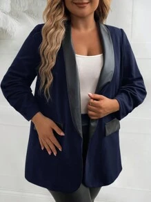SHEIN LUNE Áo khoác Blazer cổ tròn Colorblock cỡ lớn cho mùa thu - Màu xanh hải quân - Xem 3