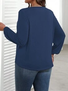 EMERY ROSE Camiseta casual de manga larga con cuello en V y contraste de malla de unicolor para mujer de talla grande en otoño