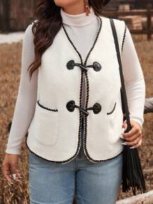 SHEIN VCAY Áo khoác vest ống tương phản không tay cỡ lớn cho nữ, thường ngày cho mùa thu/đông, trang phục phụ nữ phương Tây, trang phục đi nghỉ cho phụ nữ, phụ nữ phong cách quý tộc, phương Tây - trắng - Xem 4