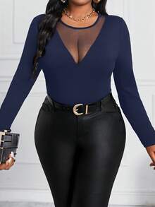 SHEIN Lady 2025 New Spring And Summer Autumn And Winter Elegant Navy Blue Knitted Round Neck Long Sleeve Contrast Mesh Plus Size T-Shirts Halloween Plus Halloween Clothes Stylish Clothing Collection Winter Clothes For Women