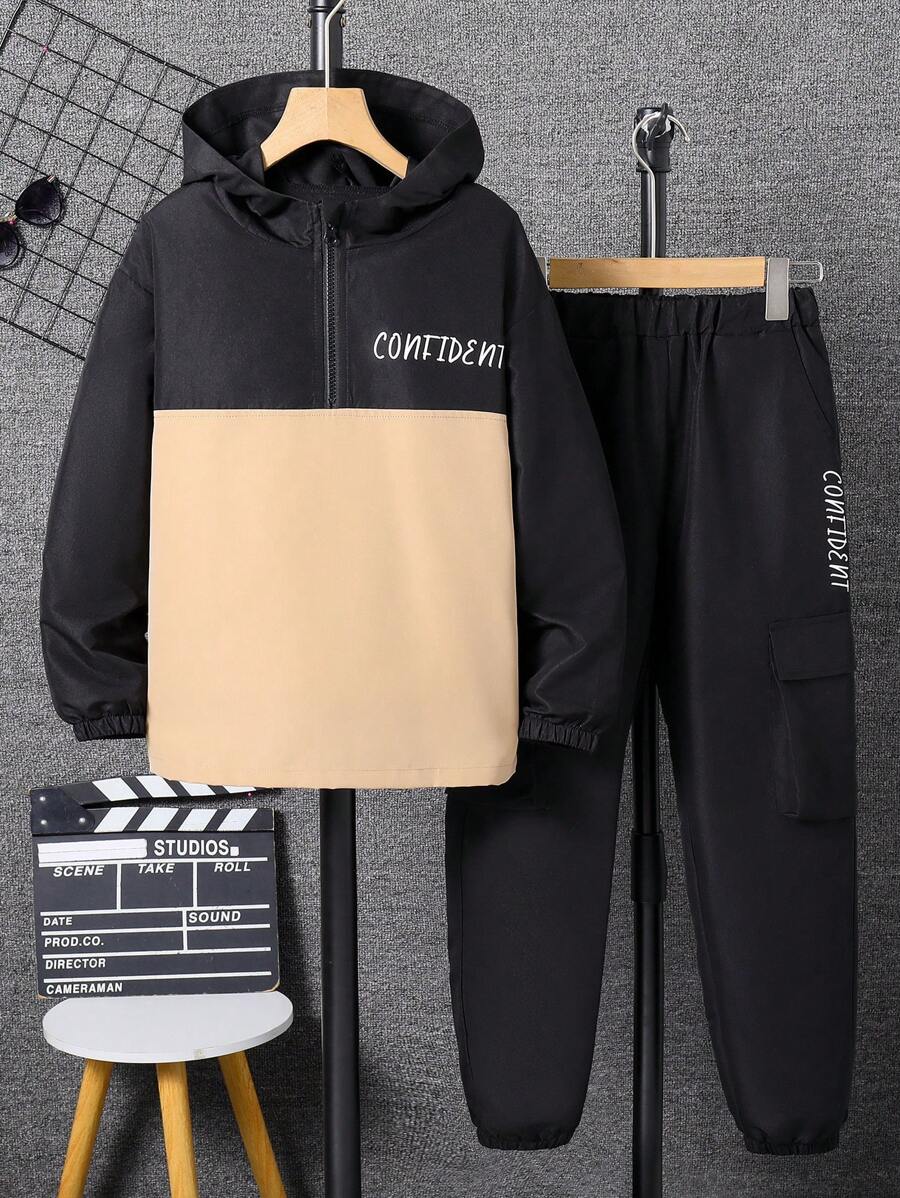 SHEIN Boys Teenagers Casual Contrast Color Hoodie Set - Black - View 1