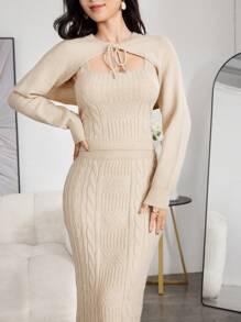 Modelyn Bộ 3 món dành cho nữ: Áo len cardigan tay dài dây mảnh, áo ba lỗ và chân váy midi dệt kim cáp, thanh lịch cho mùa thu/đông 2 món - Màu be - Xem 1