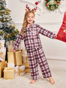 SHEIN Young Girl Christmas White,Autumn,Night Plaid Pattern Fleece Pajama Set,2 Pieces Mommy And Me Matching Outfits Button Down Shirt & Straight Leg Pants - Red and White - View 5