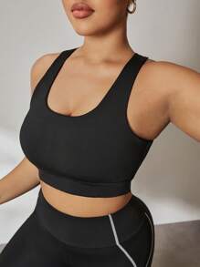 Easithlete 3pcs/Set Contrast Color Yarn Legging, Jacquard Fabric Top, Cross Front Sports Bra, Plus Size