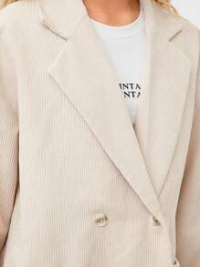 SHEIN EZwear 女士宽松休闲中长款杏色灯芯绒秋冬外套 - 杏色 - 查看 7