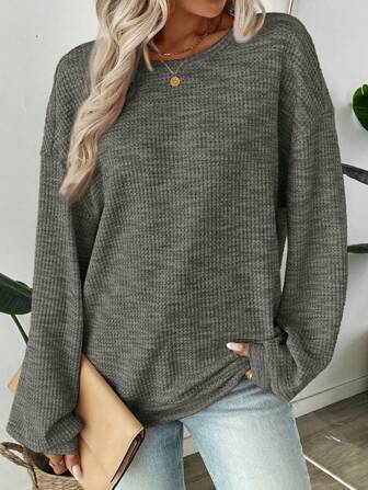 SHEIN LUNE Women's Colorful Waffle Knit Pullover Sweatshirt, Autumn,Long Sleeve Tops