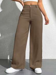 SHEIN PETITE Women Casual Solid Color Straight Leg Pants