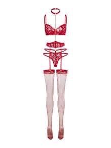 SHEIN Floral Lace Underwire Garter Lingerie Set With 1pair Stocking Bridallingerie, Baddie Look - Red - View 6