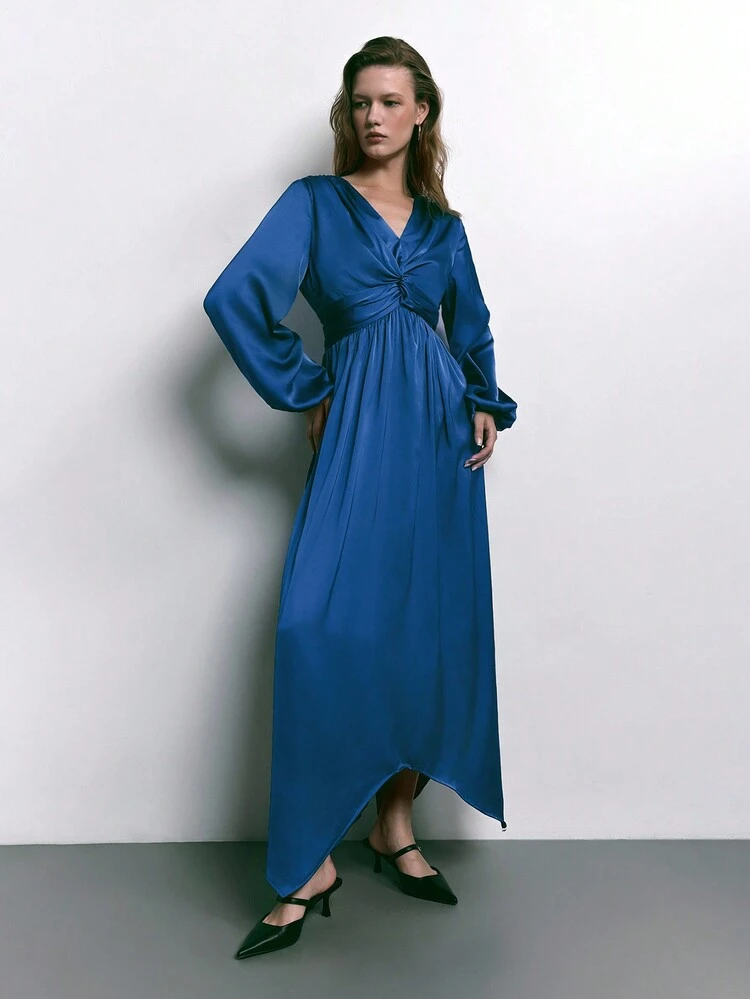 SHEIN Maija 1pc Women's Solid V-Neck Lantern Sleeve Twist Front Detail Elegant Dress, Autumn/Winter