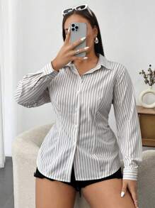 Flirla Camisa elegante y sencilla de talla grande con rayas, cuello de solapa y mangas largas