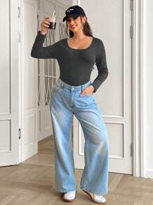 SHEIN EZwear Plus Size Vrouwen Dik Warm Rekbaar Fluwelen Gevoerd Strak Fit T-shirt, Herfst/Winter Thermisch