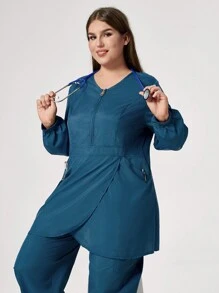 TaskEZ Plus Size Solid Color Front Zipper Long Sleeve Top And Pants Nursing Uniform Scrub Set