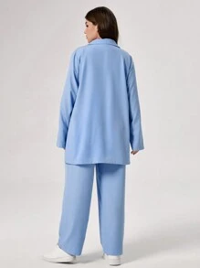 TaskEZ 大码纯色前扣双口袋长袖上衣和裤子制服套装，秋季磨砂套装