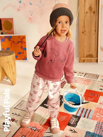 SHEIN 2pcs Young Girls Cute/Retro/Casual/Back To School Dog Graphic Long Sleeve Sweatshirt & Sweatpants Set, Suitable For School And Outdoor, Spring/Autumn/Winter