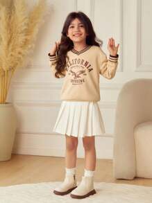 SHEIN 年轻女孩条纹印花 V 领长袖宽松休闲运动衫，秋季 - 卡其色 - 查看 8