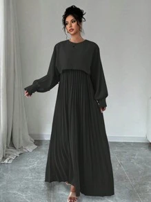 Chiquease 女式优雅仿两件套腰部褶饰下摆长袍连衣裙