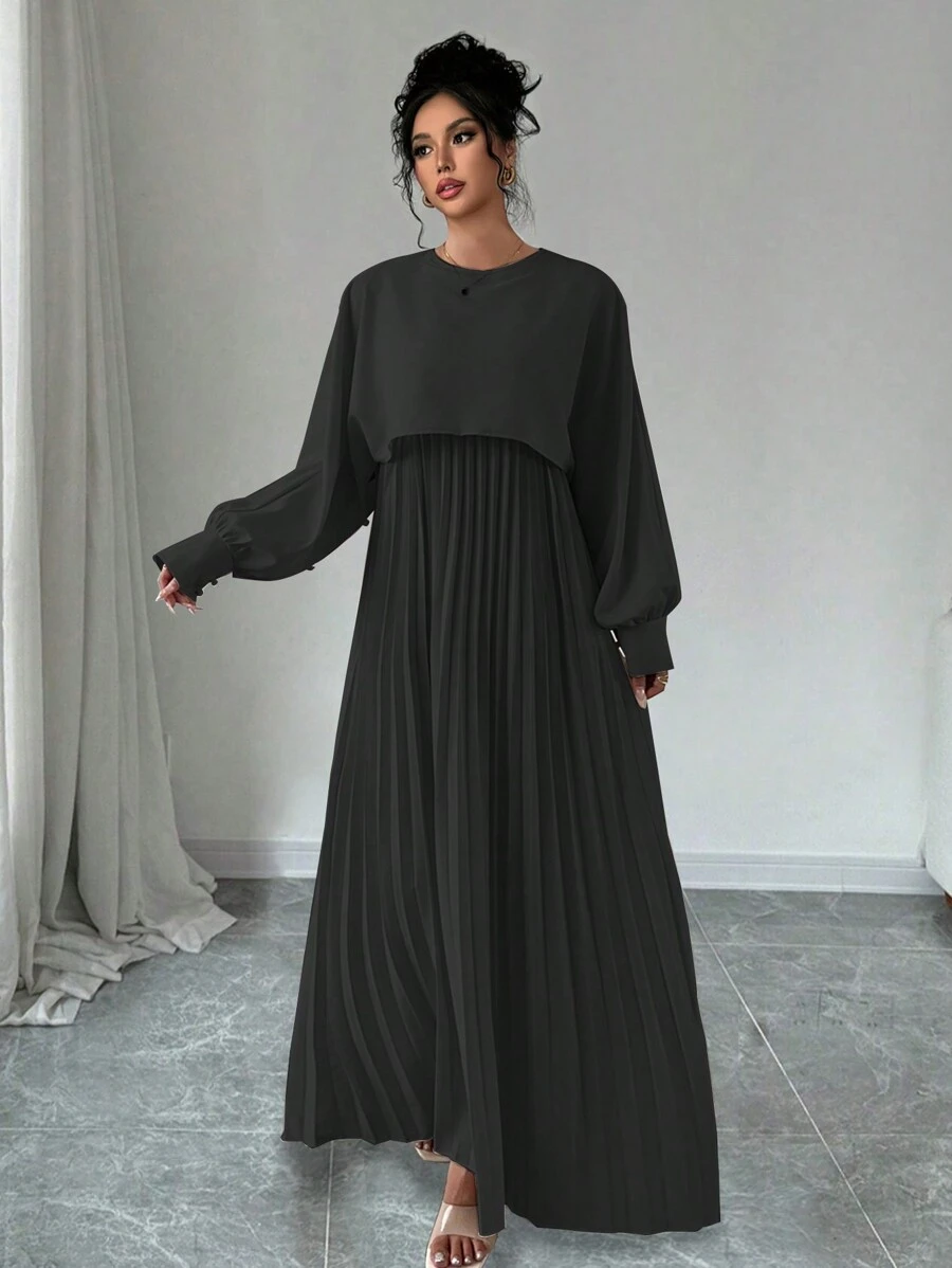 Chiquease 女式优雅仿两件套腰部褶饰下摆长袍连衣裙