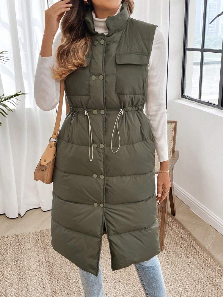 Women's Plain Color Utility Pocket Drawstring Waist Sleeveless Casual Jacket, For Winter