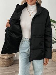 EMERY ROSE 女士纯色拉链连帽外套，冬季休闲装 - 黑色 - 查看 3