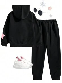 SHEIN Tween 女童休闲日常字母与星星印花连帽运动衫和运动裤套装，秋季 - 黑色 - 查看 2