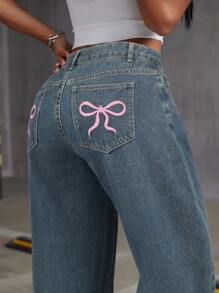 SHEIN ICON 女士直筒宽松刺绣蝴蝶结洗水牛仔裤
