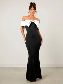 SHEIN SXY Vestido largo de noche elegante y sexy con un solo hombro, abertura alta en la cola de pez, color negro, imprescindible para fiesta de Año Nuevo o Día de San Valentín, con moño blanco - Blanco y Negro - Ver 3