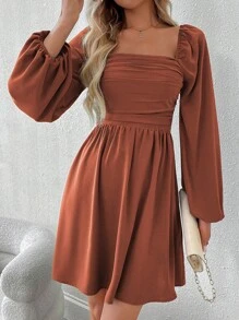 EMERY ROSE Đầm xòe tay đèn lồng màu trơn thanh lịch cho nữ, phù hợp cho mùa thu - Rỉ Nâu - Xem 5