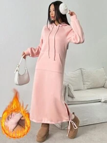 Chiquease Vestido tipo sudadera oversize con bolsillos, manga larga, diseño de abertura, forro esponjoso, estilo europeo casual, otoño/invierno