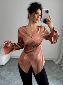 SHEIN Unity Autumn New Luxury Sparkling Silver Two-Sided Satin Brown Cross Tie Asymmetrical Waist Design Flare Cuff V-Neck Women Top Blouse - Brown - View 6