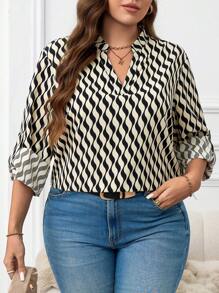 SHEIN LUNE Plus Size Wavy Print Cutout Collar Roll Sleeve Casual Blouse, Autumn Holiday Long Sleeve Blouse New Year Winter - Grey - View 1