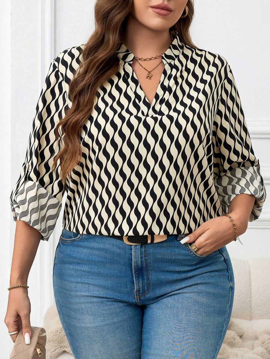 SHEIN LUNE Plus Size Wavy Print Cutout Collar Roll Sleeve Casual Blouse, Autumn Holiday Long Sleeve Blouse New Year Winter - Grey - View 1