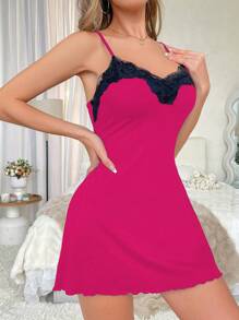 Women Lace Trim Contrast Color Camisole Nightdress