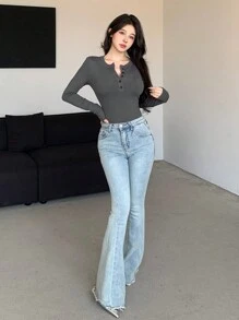 DAZY Áo thun nữ tay dài cài nút nửa cổ, thường ngày, quần áo mùa thu cho nữ - Màu xám đen - Xem 6