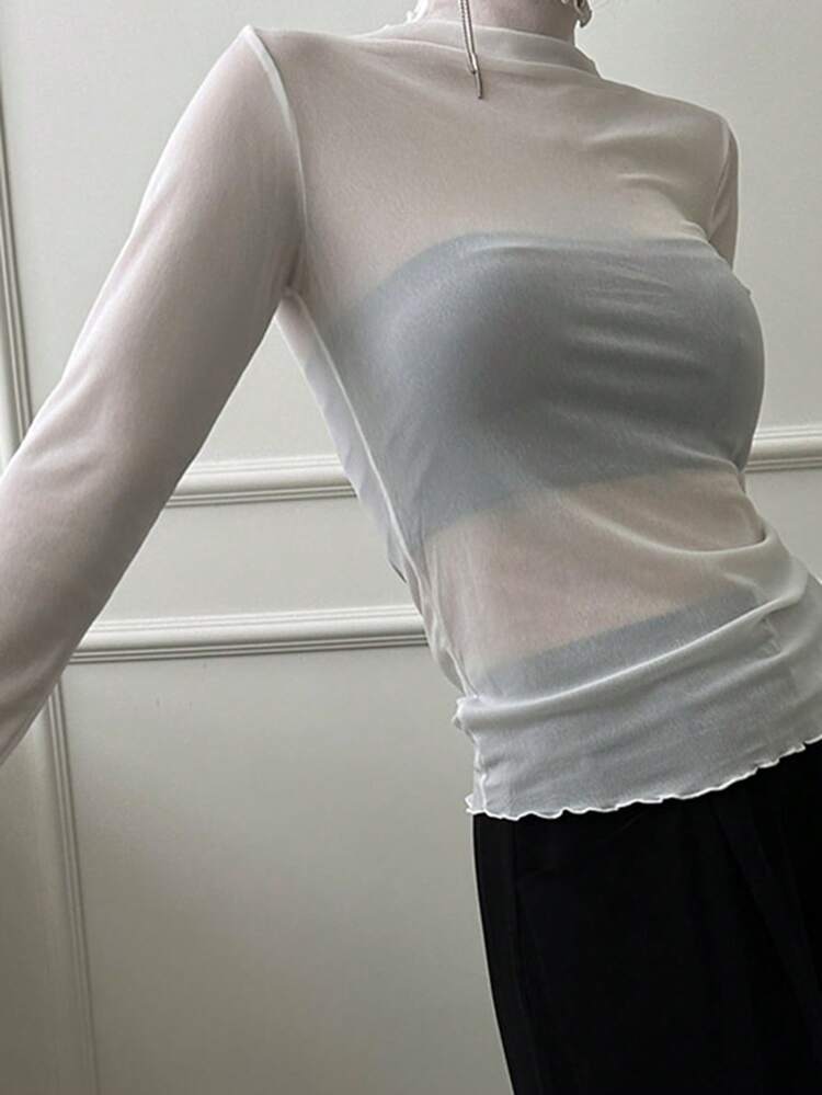 Women Solid Color Turtleneck Slim Fit Undershirt, White, Spring/Summer Long Sleeve Women Tops