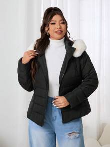 SHEIN EZwear Chaqueta acolchada con capucha de manga larga y diseño fuzzy en talla grande, color negro - Negro - Ver 6