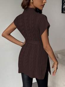 EMERY ROSE High Collar Split Waist Belt Elegant Sleeveless Sweater Vest - Chocolate Brown - View 2