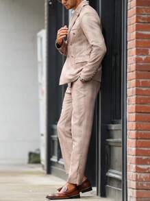 Manfinity Mode 2 件套男士休闲/商务格子尖头翻领西装外套和裤子，秋季 - 卡其色 - 查看 3