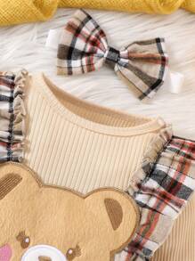 Baby Girl's Christmas Cartoon Deer Print Knit Round Neck Long Sleeve Top & Plaid Bow Pants With Headband Set, Autumn/Winter - Apricot - View 4