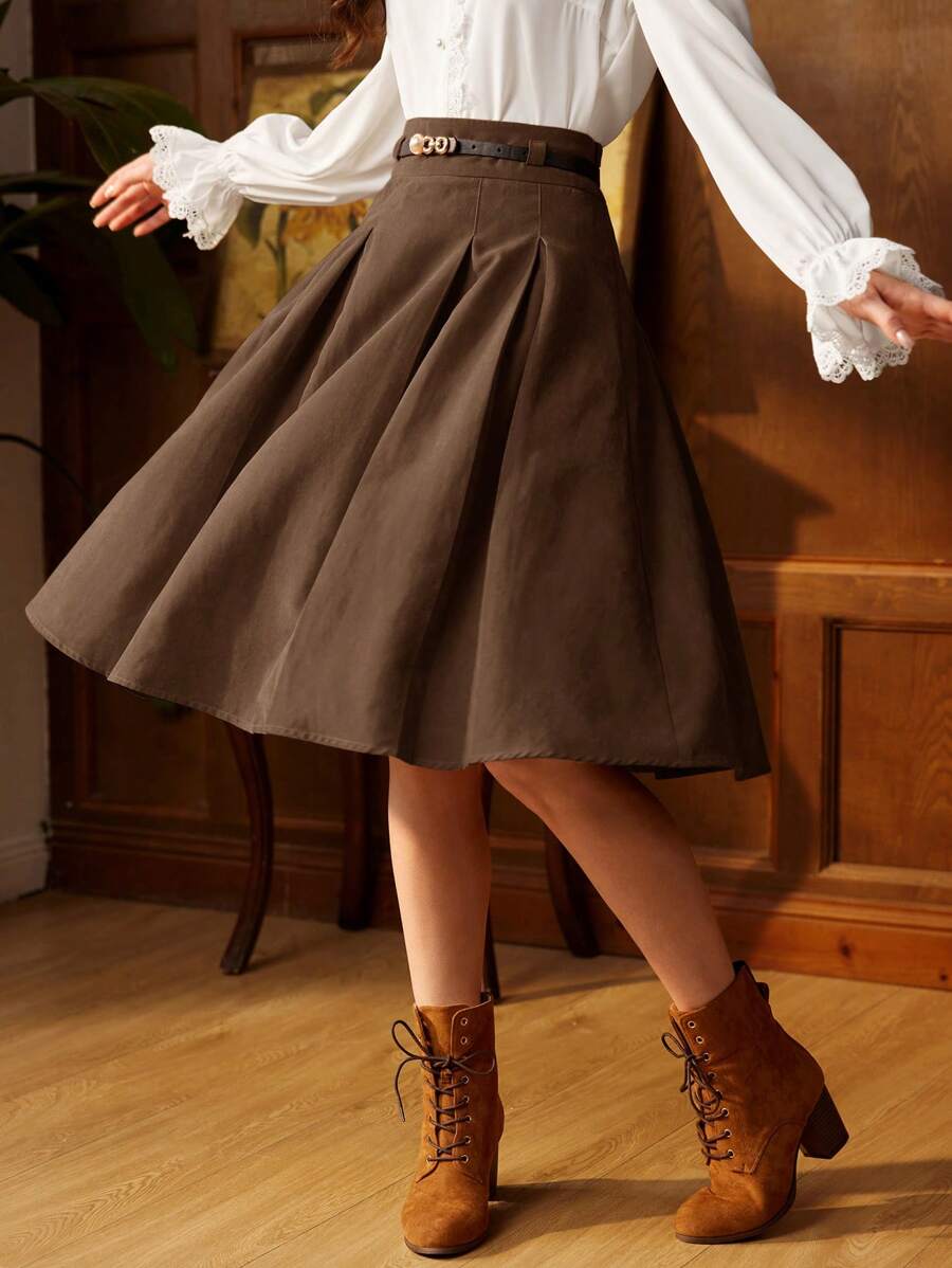 Vintamour 复古优雅女士褶皱 A 字裙配腰带，棕色，适合工作或休闲场合返校服装秋装秋装教师服装冬季女士复古服装卡其色裙子返校节裙子短款栗色 - 摩卡棕 - 查看 1