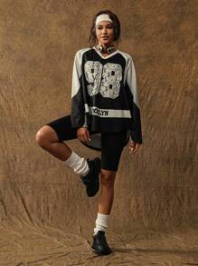 VARSITIE Áo thun giữ nhiệt Ersey Áo nỉ đơn sắc họa tiết số dài tay dành cho nữ, kiểu dáng tối giản, thường ngày - Đen và trắng - Xem 3