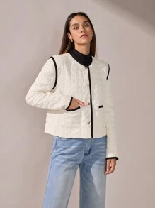 BizChic 女士白色绗缝圣诞夹克长袖外套，优雅通勤夹克