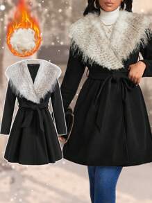 SHEIN Lady 秋冬秋季衣服优雅女装纯色拼接系带长袖休闲毛衣女套装女装秋季女装 - 黑色 - 查看 1