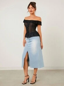 SHEIN SXY 黑色上衣；秋季女装；性感女士休闲约会黑色高弹力网眼面料透视线领荷叶边装饰女士上衣；优雅女士服装，适合日常约会、夜总会、派对和情人节活动 - 黑色 - 查看 5